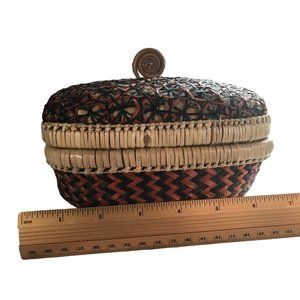 Unique Woven Black Orange Woven Basket Rattan Oval with Lid Handle Decor